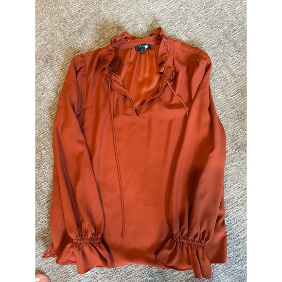 J.Crew Tops - J.Crew Womens XS Rust Orange Ruffle Neck Tie Satin Blouse Smocked Cuff Top